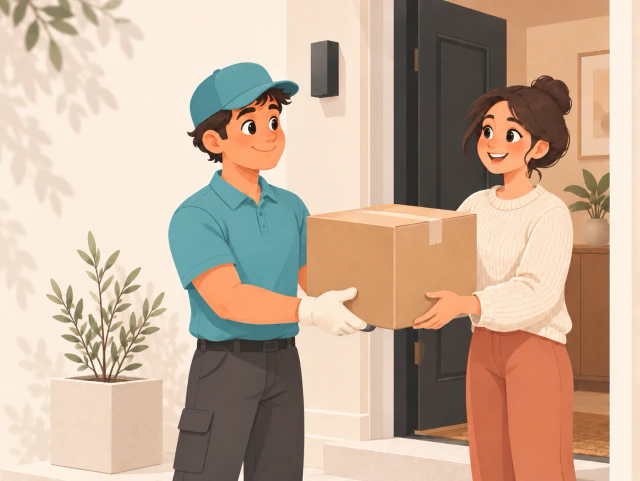 Mover handing a box to a customer at her front door