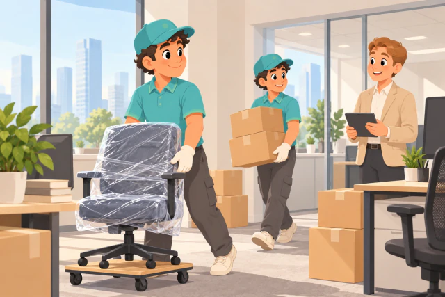 Movers relocating office chairs and boxes
